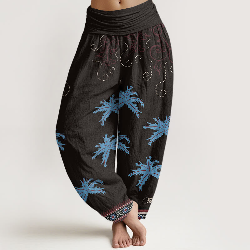 Pantaloni harem da donna con elastico in vita, motivo floreale con pergamena tropicale e motivo a palme, stile casual, motivo Buddha Stones - Nero - US22, UK/AU26, EU54 (6XL) - image 1