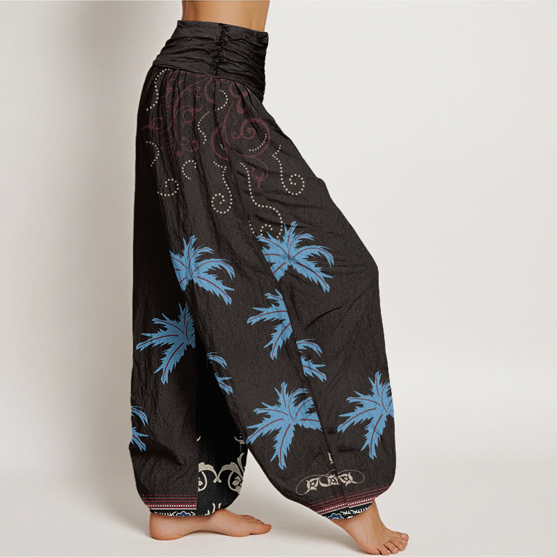 Pantaloni harem da donna con elastico in vita, motivo floreale con pergamena tropicale e motivo a palme, stile casual, motivo Buddha Stones - image 3