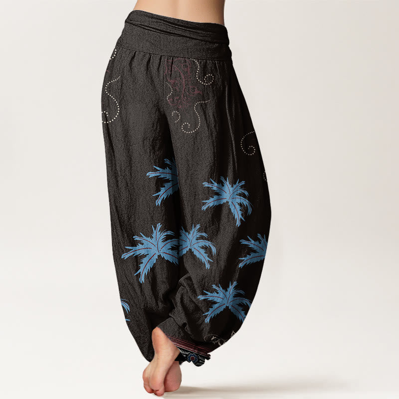 Pantaloni harem da donna con elastico in vita, motivo floreale con pergamena tropicale e motivo a palme, stile casual, motivo Buddha Stones - image 2