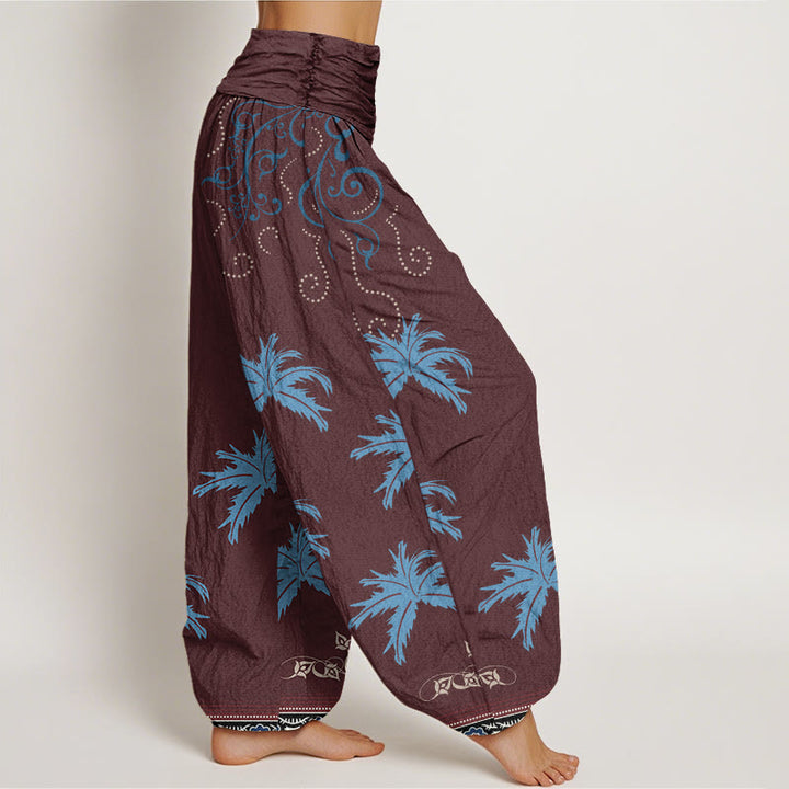 Pantaloni harem da donna con elastico in vita, motivo floreale con pergamena tropicale e motivo a palme, stile casual, motivo Buddha Stones - image 7