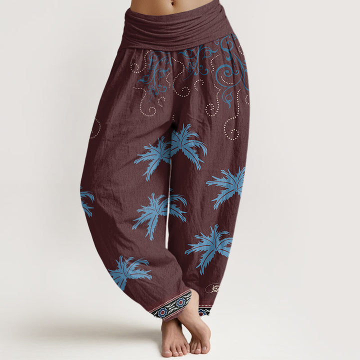 Pantaloni harem da donna con elastico in vita, motivo floreale con pergamena tropicale e motivo a palme, stile casual, motivo Buddha Stones - Rosso scuro - US22, UK/AU26, EU54 (6XL) - image 5