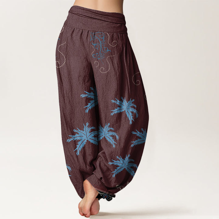 Pantaloni harem da donna con elastico in vita, motivo floreale con pergamena tropicale e motivo a palme, stile casual, motivo Buddha Stones - image 6