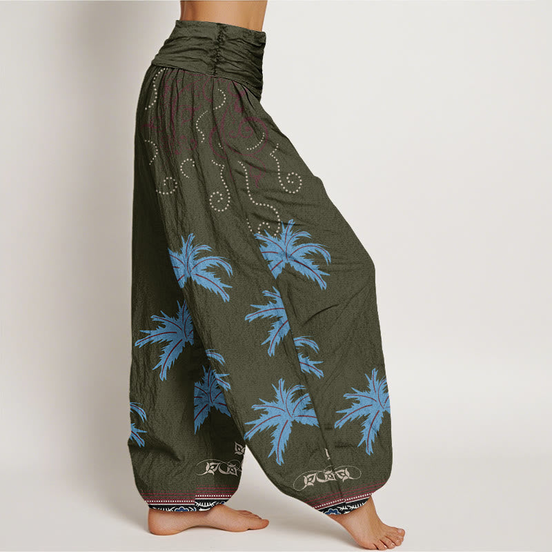 Pantaloni harem da donna con elastico in vita, motivo floreale con pergamena tropicale e motivo a palme, stile casual, motivo Buddha Stones - image 10