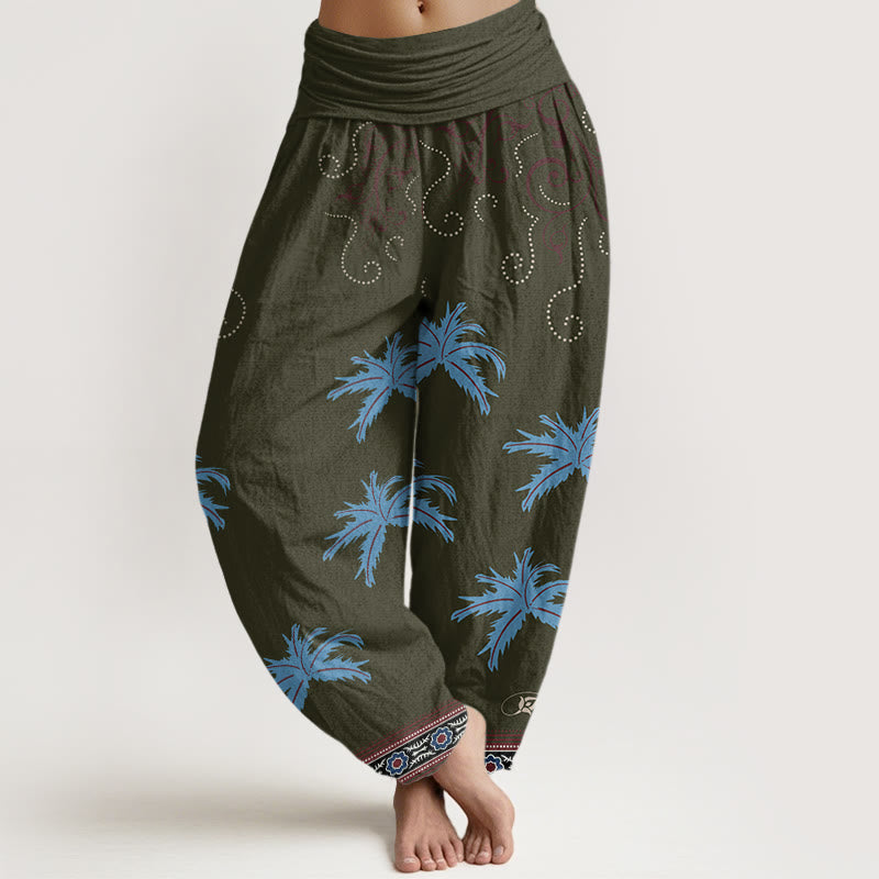 Pantaloni harem da donna con elastico in vita, motivo floreale con pergamena tropicale e motivo a palme, stile casual, motivo Buddha Stones - Verde oliva scuro - US22, UK/AU26, EU54 (6XL) - image 8