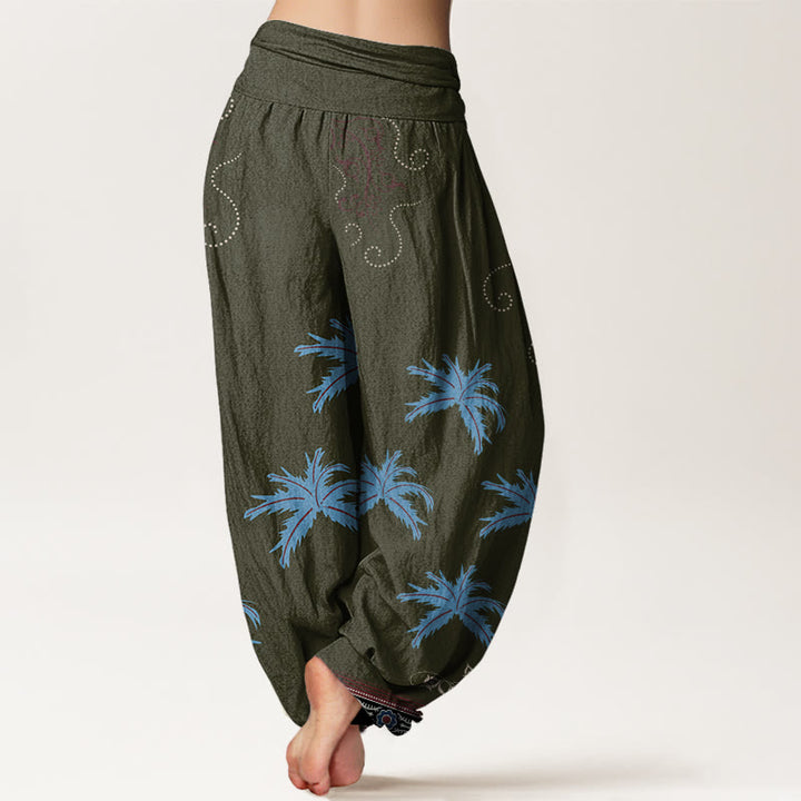 Pantaloni harem da donna con elastico in vita, motivo floreale con pergamena tropicale e motivo a palme, stile casual, motivo Buddha Stones - image 9