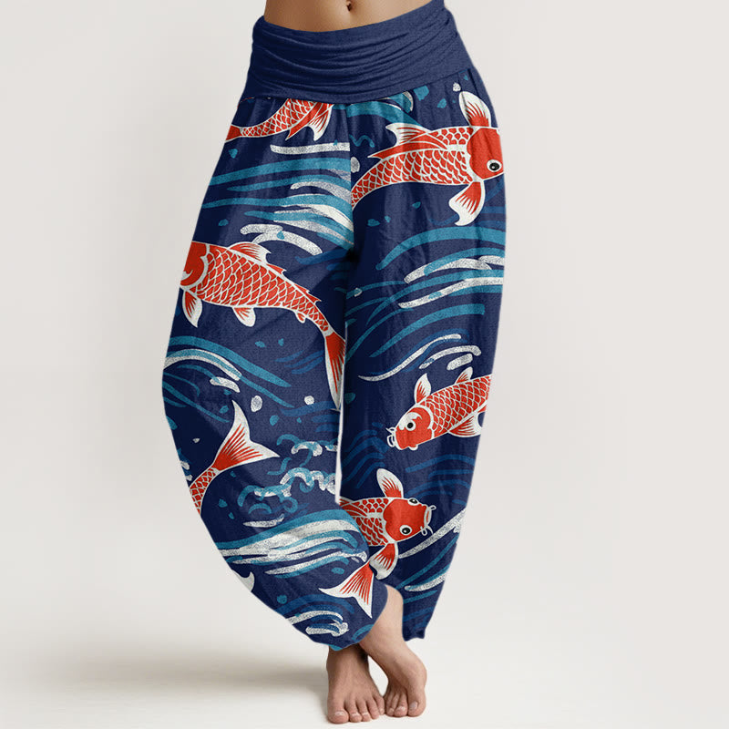 Pantaloni harem da donna con elastico in vita e motivo a onde e koi, stile casual, motivo Buddha Stones - Marina - US22, UK/AU26, EU54 (6XL) - image 1