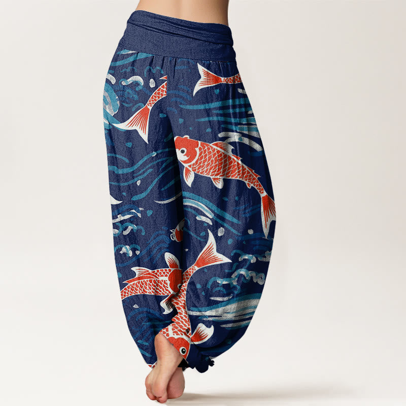 Pantaloni harem da donna con elastico in vita e motivo a onde e koi, stile casual, motivo Buddha Stones - image 3