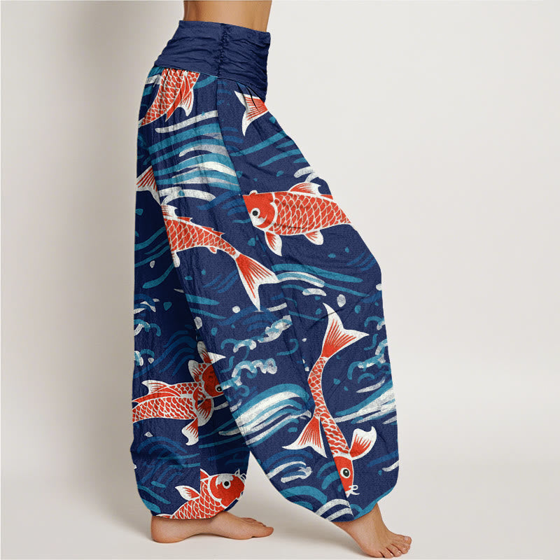 Pantaloni harem da donna con elastico in vita e motivo a onde e koi, stile casual, motivo Buddha Stones - image 2