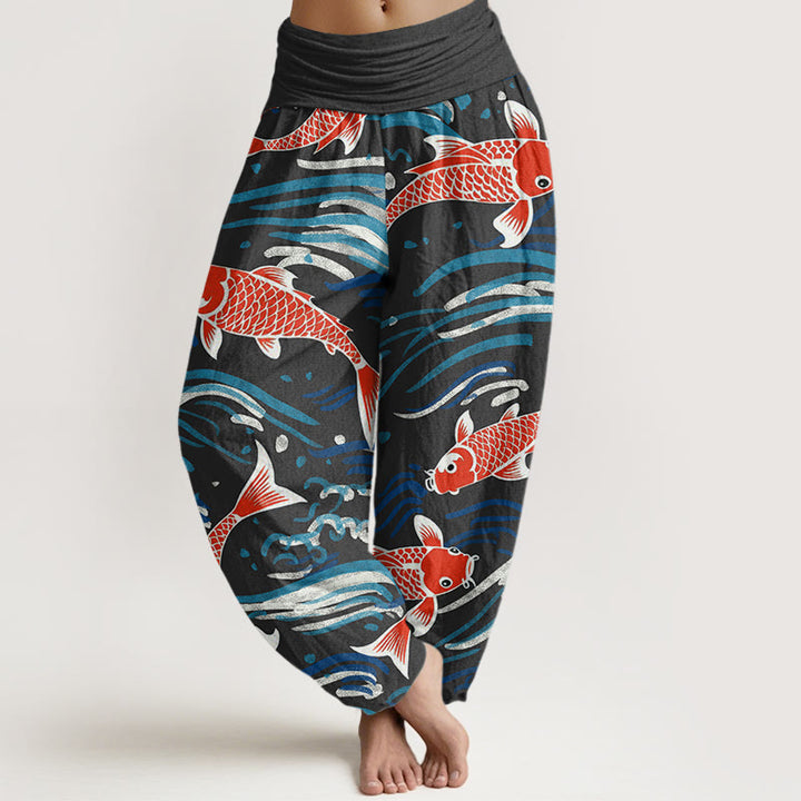Pantaloni harem da donna con elastico in vita e motivo a onde e koi, stile casual, motivo Buddha Stones - Nero - US22, UK/AU26, EU54 (6XL) - image 5