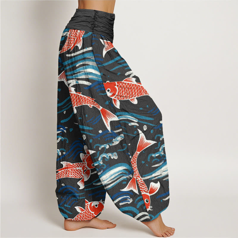 Pantaloni harem da donna con elastico in vita e motivo a onde e koi, stile casual, motivo Buddha Stones - image 6