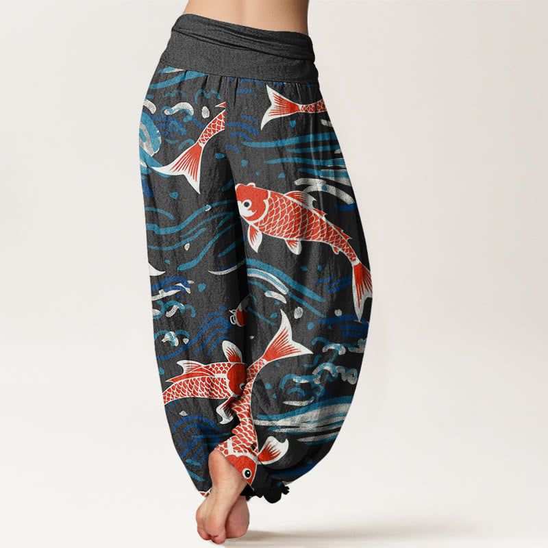 Pantaloni harem da donna con elastico in vita e motivo a onde e koi, stile casual, motivo Buddha Stones - image 7