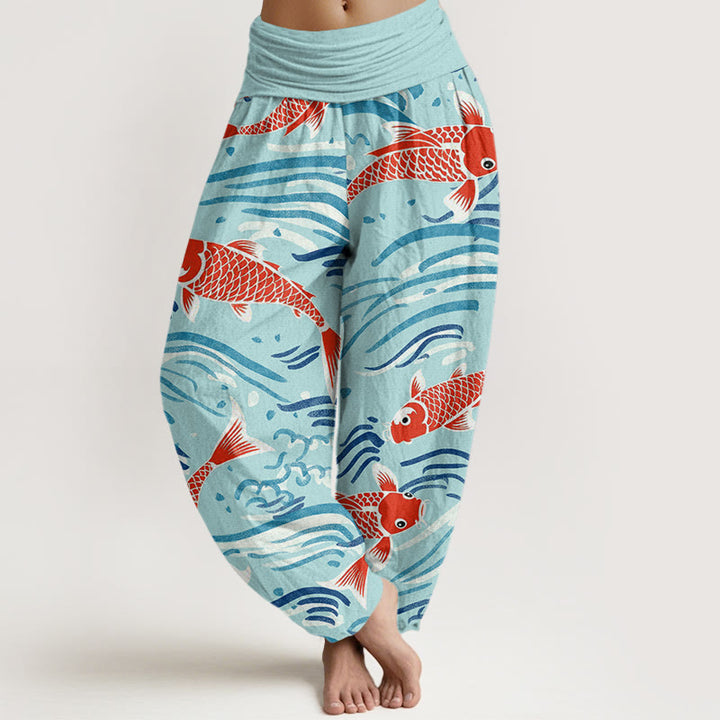 Pantaloni harem da donna con elastico in vita e motivo a onde e koi, stile casual, motivo Buddha Stones - Turchese - US22, UK/AU26, EU54 (6XL) - image 8