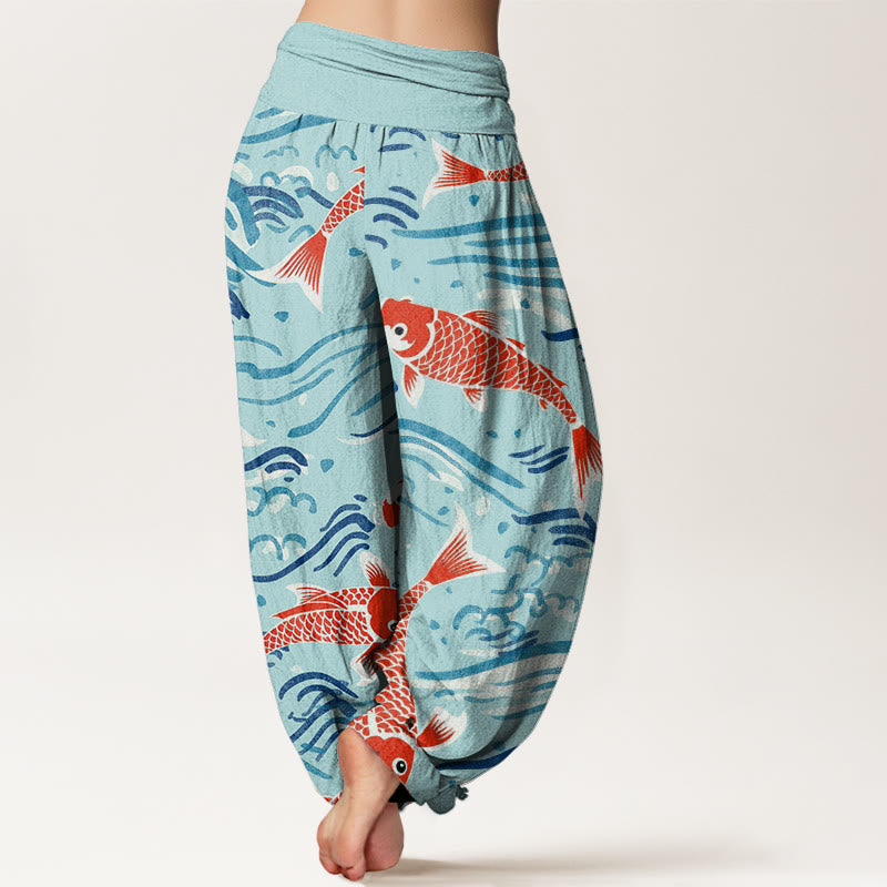 Pantaloni harem da donna con elastico in vita e motivo a onde e koi, stile casual, motivo Buddha Stones - image 10