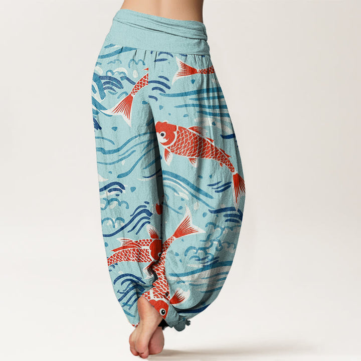 Pantaloni harem da donna con elastico in vita e motivo a onde e koi, stile casual, motivo Buddha Stones - image 10