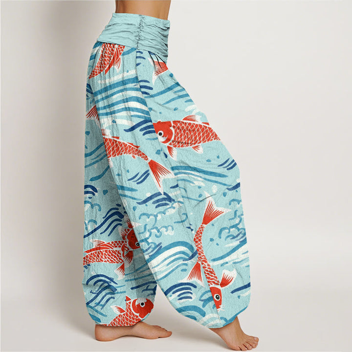 Pantaloni harem da donna con elastico in vita e motivo a onde e koi, stile casual, motivo Buddha Stones - image 9