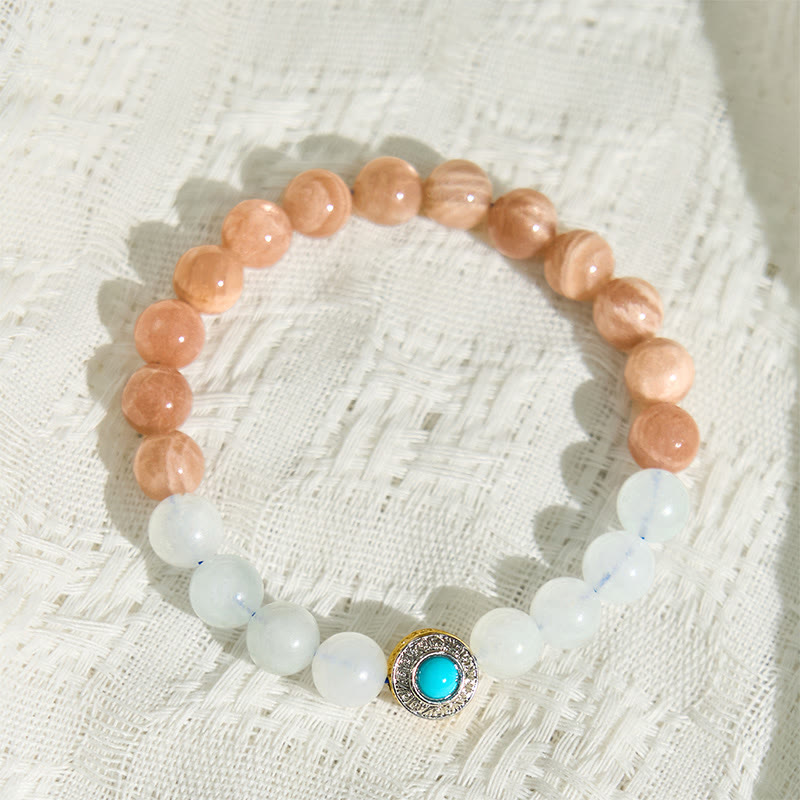 Braccialetto rilassante Buddha Stones in pietra di luna naturale color pesca e acquamarina