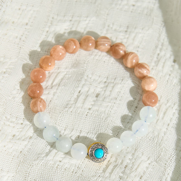 Braccialetto rilassante Buddha Stones in pietra di luna naturale color pesca e acquamarina