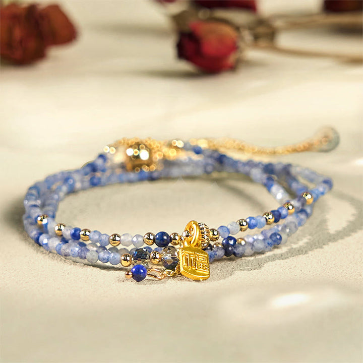 Braccialetto positivo con carattere Fu a triplo giro, perline ultrasottili da 3 mm, lazurite naturale Buddha Stones