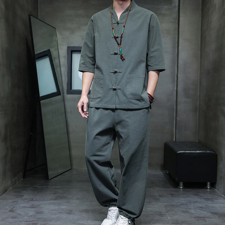Set di 2 pezzi di tuta da uomo in cotone e lino con bottoni a rana, camicia e pantaloni con tasche, per meditazione, Buddha Stones