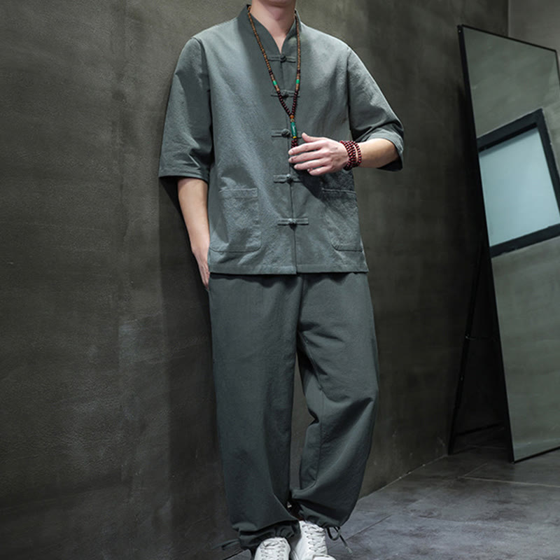 Set di 2 pezzi di tuta da uomo in cotone e lino con bottoni a rana, camicia e pantaloni con tasche, per meditazione, Buddha Stones