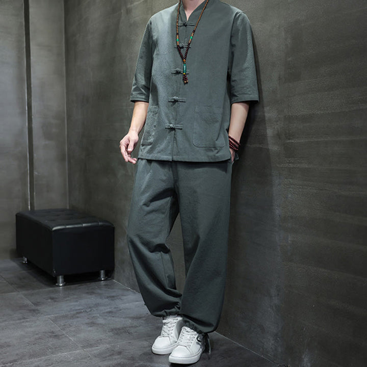 Set di 2 pezzi di tuta da uomo in cotone e lino con bottoni a rana, camicia e pantaloni con tasche, per meditazione, Buddha Stones