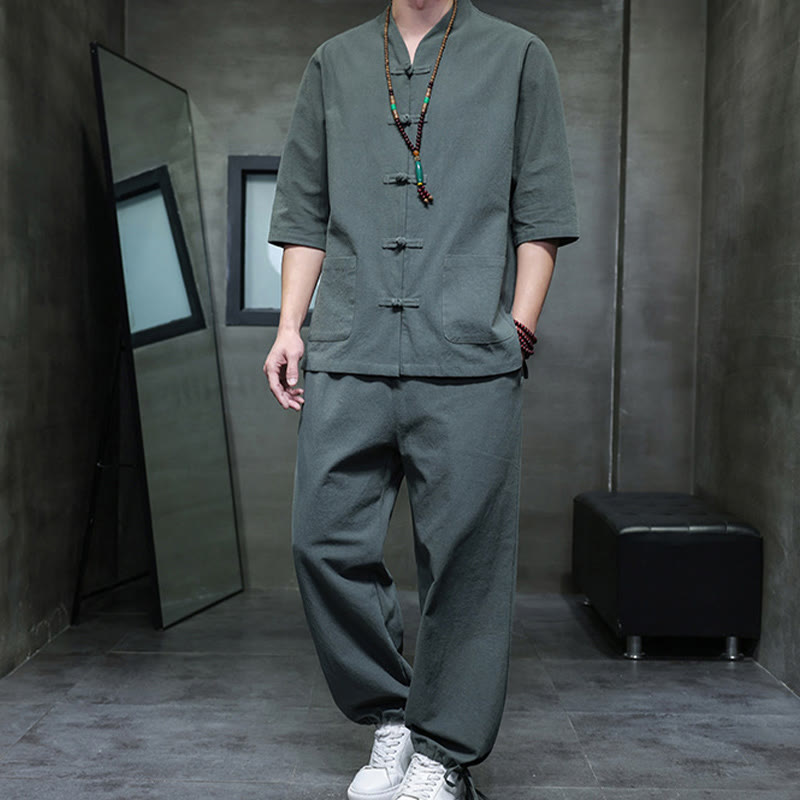 Set di 2 pezzi di tuta da uomo in cotone e lino con bottoni a rana, camicia e pantaloni con tasche, per meditazione, Buddha Stones