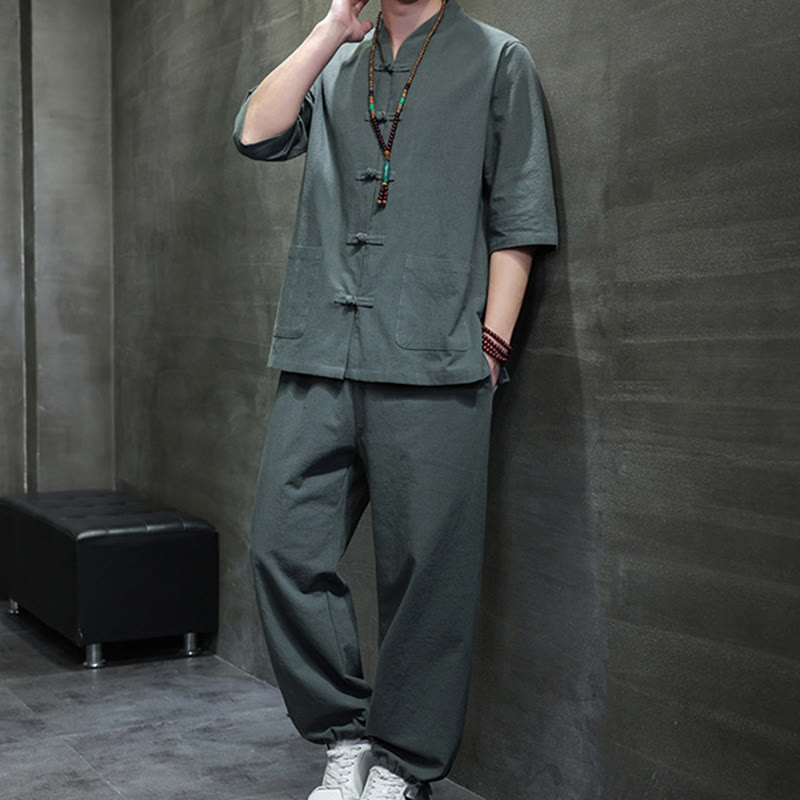 Set di 2 pezzi di tuta da uomo in cotone e lino con bottoni a rana, camicia e pantaloni con tasche, per meditazione, Buddha Stones