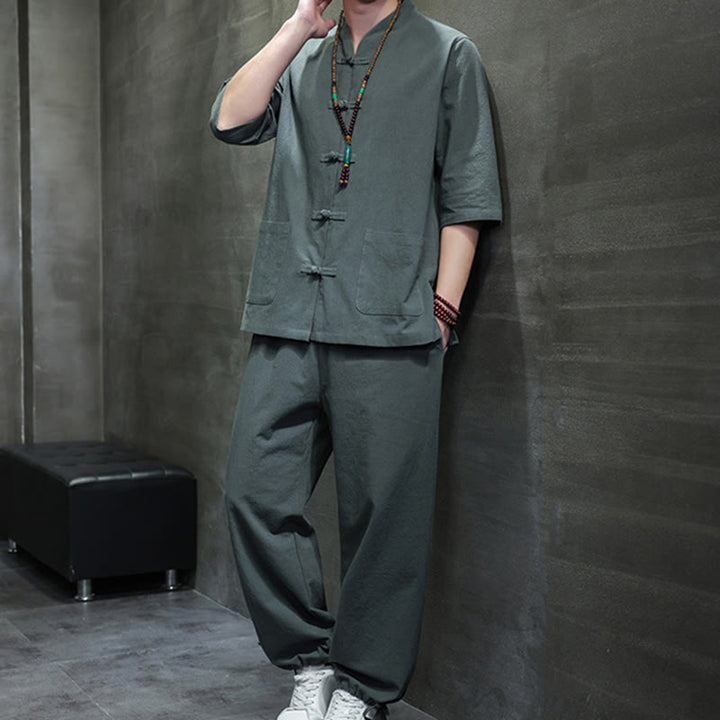 Set di 2 pezzi di tuta da uomo in cotone e lino con bottoni a rana, camicia e pantaloni con tasche, per meditazione, Buddha Stones