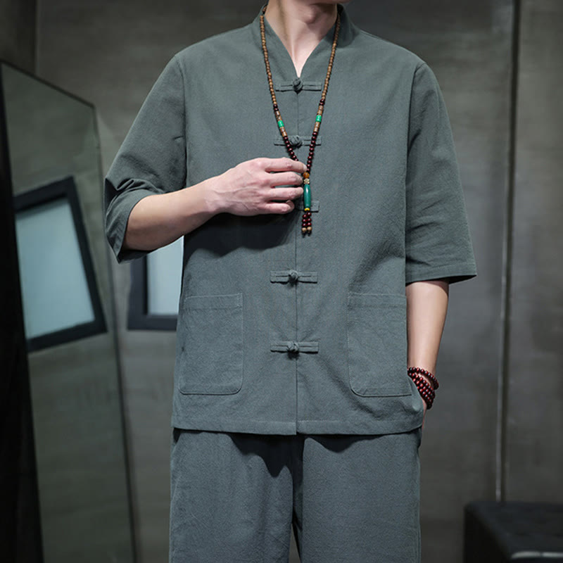 Set di 2 pezzi di tuta da uomo in cotone e lino con bottoni a rana, camicia e pantaloni con tasche, per meditazione, Buddha Stones