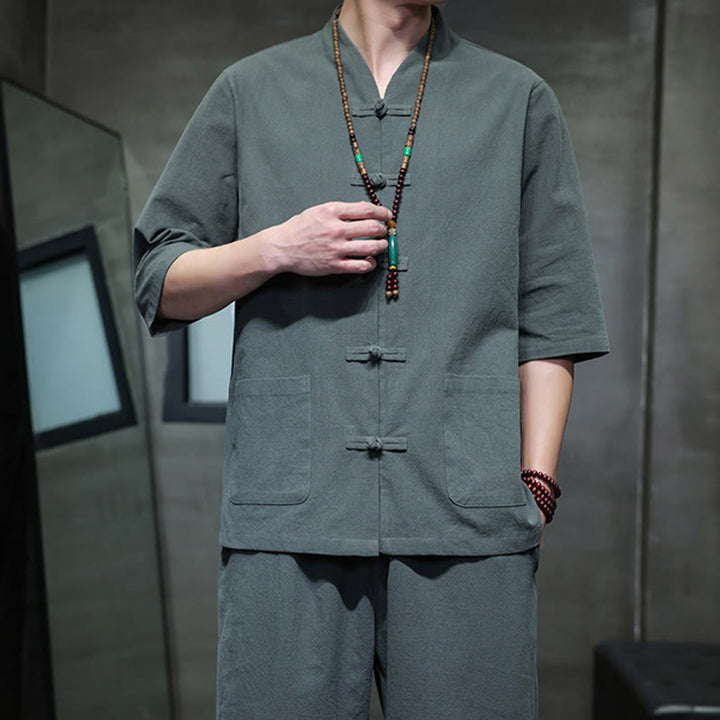 Set di 2 pezzi di tuta da uomo in cotone e lino con bottoni a rana, camicia e pantaloni con tasche, per meditazione, Buddha Stones