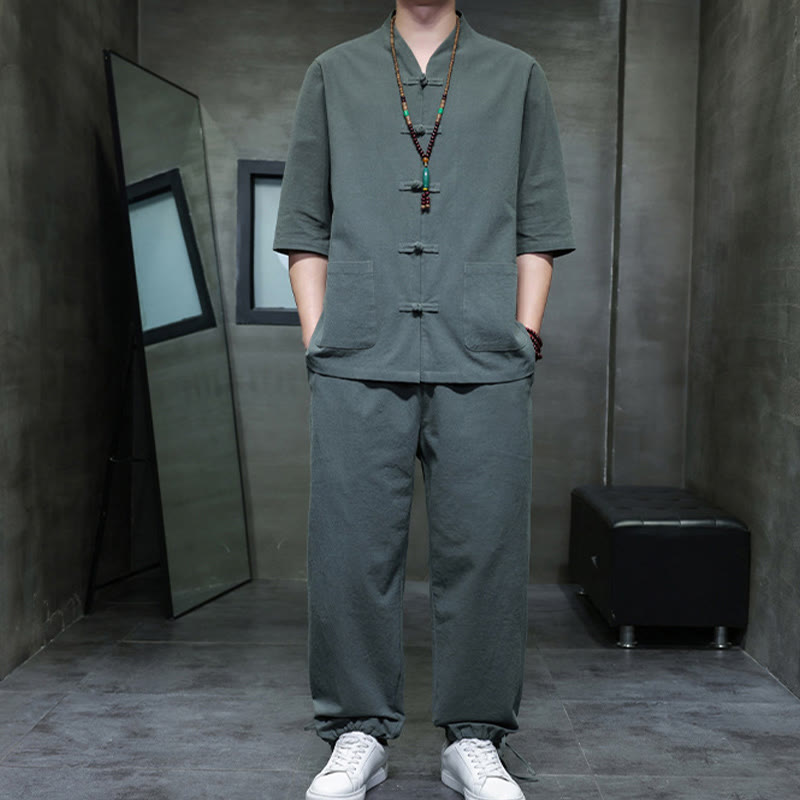 Set di 2 pezzi di tuta da uomo in cotone e lino con bottoni a rana, camicia e pantaloni con tasche, per meditazione, Buddha Stones