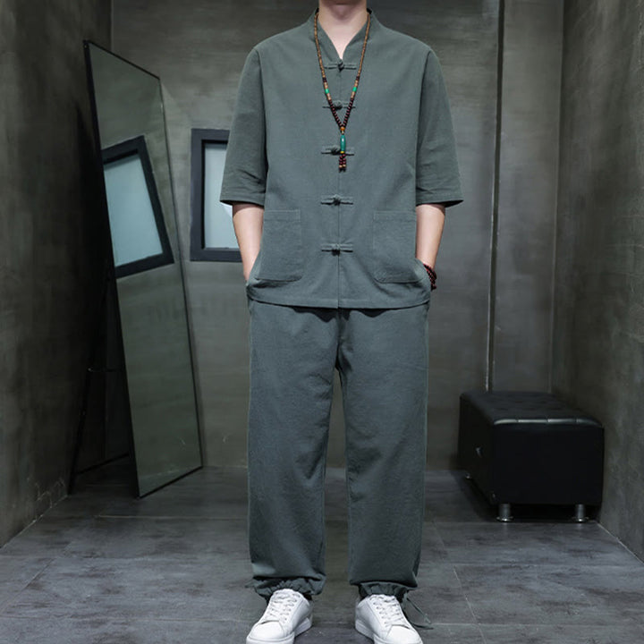 Set di 2 pezzi di tuta da uomo in cotone e lino con bottoni a rana, camicia e pantaloni con tasche, per meditazione, Buddha Stones