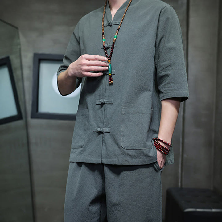 Set di 2 pezzi di tuta da uomo in cotone e lino con bottoni a rana, camicia e pantaloni con tasche, per meditazione, Buddha Stones