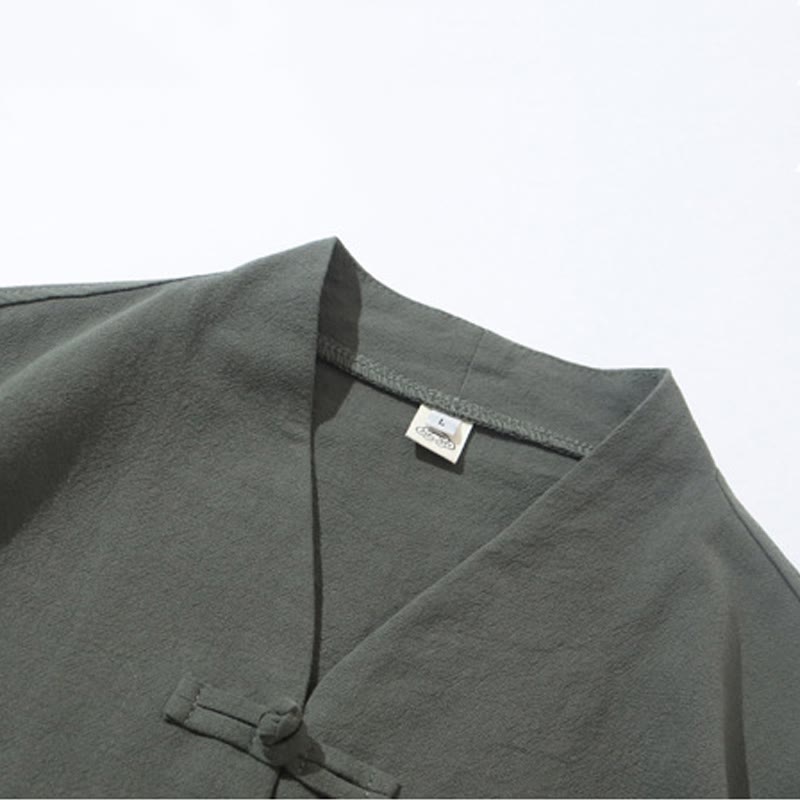 Set di 2 pezzi di tuta da uomo in cotone e lino con bottoni a rana, camicia e pantaloni con tasche, per meditazione, Buddha Stones