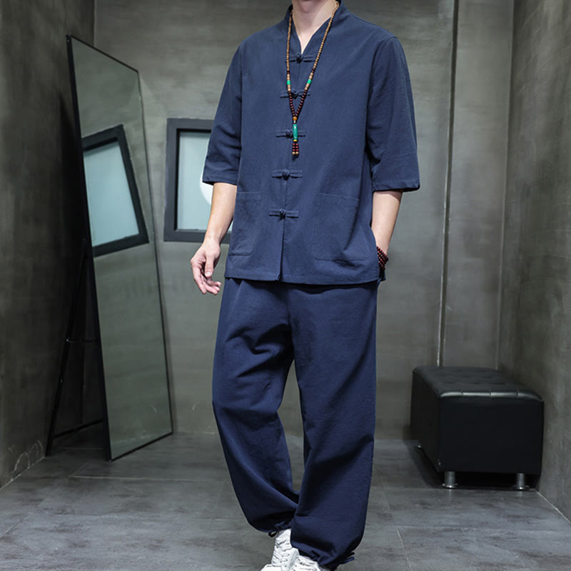 Set di 2 pezzi di tuta da uomo in cotone e lino con bottoni a rana, camicia e pantaloni con tasche, per meditazione, Buddha Stones