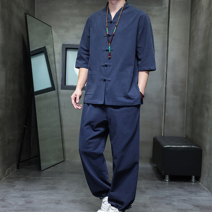 Set di 2 pezzi di tuta da uomo in cotone e lino con bottoni a rana, camicia e pantaloni con tasche, per meditazione, Buddha Stones