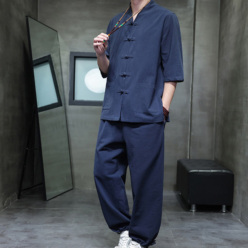 Set di 2 pezzi di tuta da uomo in cotone e lino con bottoni a rana, camicia e pantaloni con tasche, per meditazione, Buddha Stones