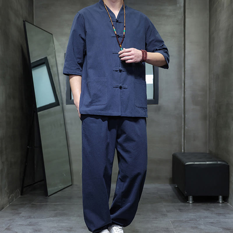 Set di 2 pezzi di tuta da uomo in cotone e lino con bottoni a rana, camicia e pantaloni con tasche, per meditazione, Buddha Stones - image 15