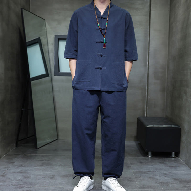 Set di 2 pezzi di tuta da uomo in cotone e lino con bottoni a rana, camicia e pantaloni con tasche, per meditazione, Buddha Stones