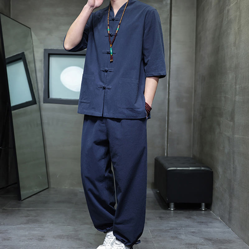Set di 2 pezzi di tuta da uomo in cotone e lino con bottoni a rana, camicia e pantaloni con tasche, per meditazione, Buddha Stones