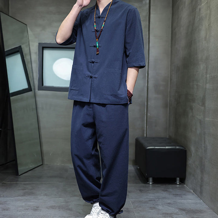 Set di 2 pezzi di tuta da uomo in cotone e lino con bottoni a rana, camicia e pantaloni con tasche, per meditazione, Buddha Stones