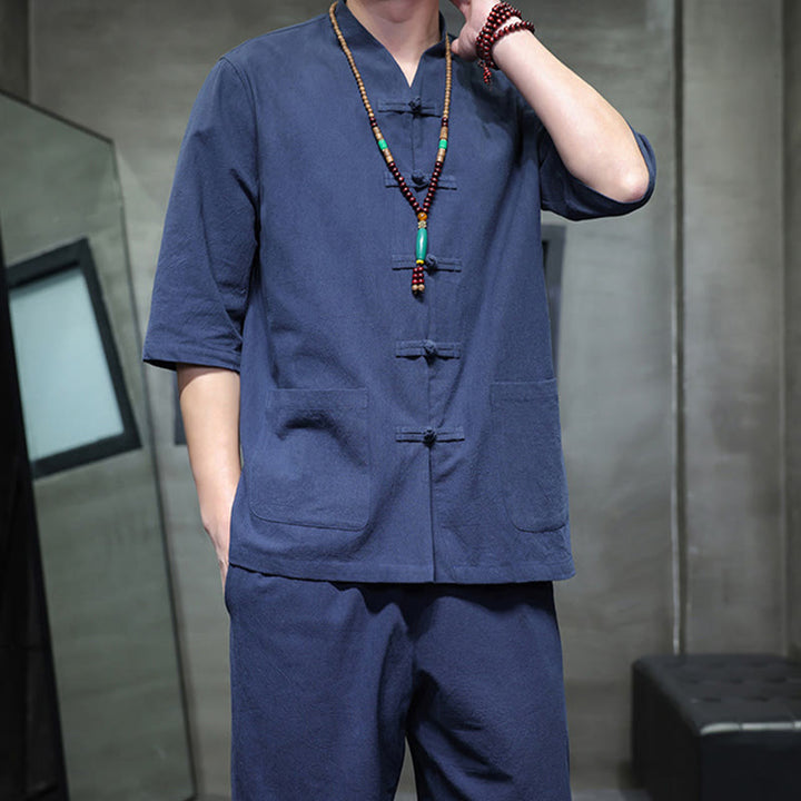 Set di 2 pezzi di tuta da uomo in cotone e lino con bottoni a rana, camicia e pantaloni con tasche, per meditazione, Buddha Stones