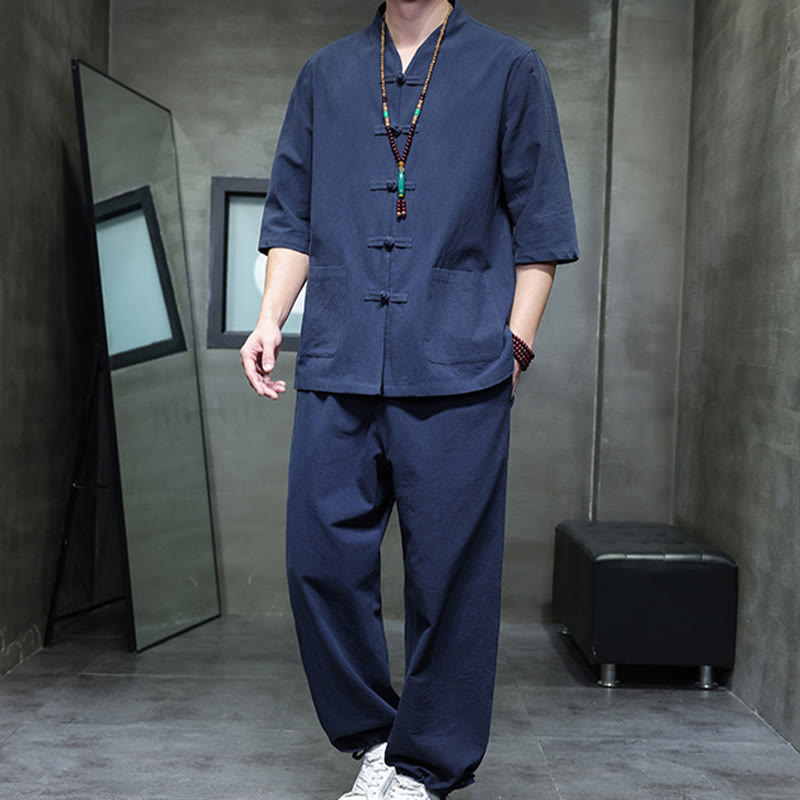 Set di 2 pezzi di tuta da uomo in cotone e lino con bottoni a rana, camicia e pantaloni con tasche, per meditazione, Buddha Stones