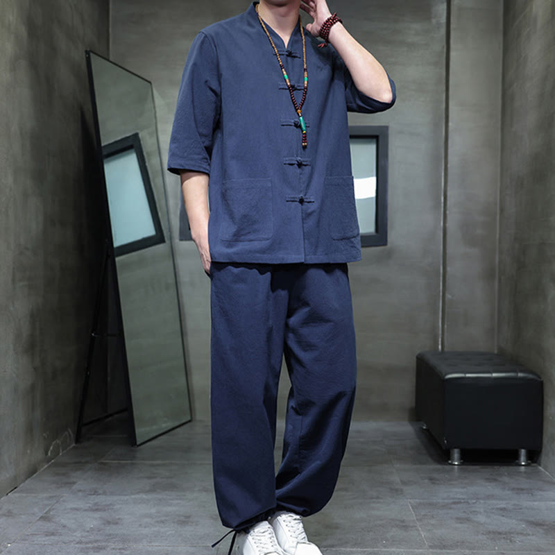 Set di 2 pezzi di tuta da uomo in cotone e lino con bottoni a rana, camicia e pantaloni con tasche, per meditazione, Buddha Stones