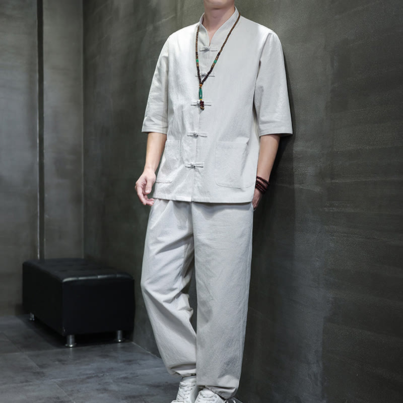 Set di 2 pezzi di tuta da uomo in cotone e lino con bottoni a rana, camicia e pantaloni con tasche, per meditazione, Buddha Stones