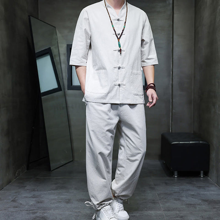 Set di 2 pezzi di tuta da uomo in cotone e lino con bottoni a rana, camicia e pantaloni con tasche, per meditazione, Buddha Stones