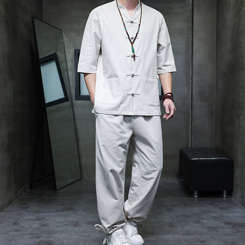 Set di 2 pezzi di tuta da uomo in cotone e lino con bottoni a rana, camicia e pantaloni con tasche, per meditazione, Buddha Stones - image 24