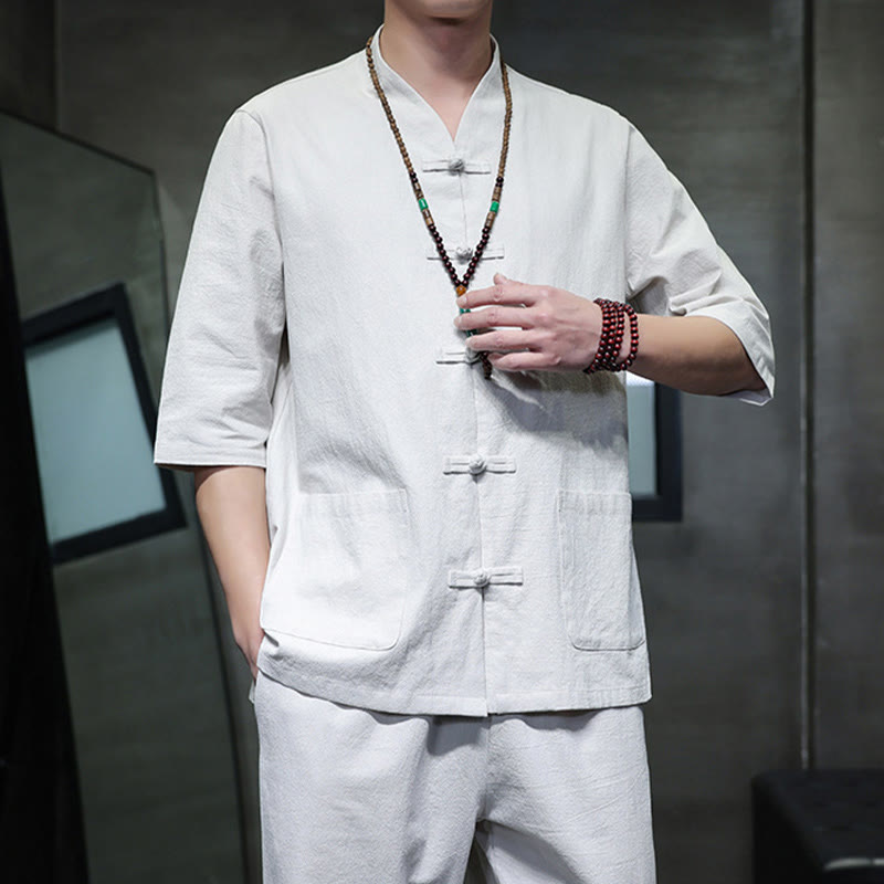 Set di 2 pezzi di tuta da uomo in cotone e lino con bottoni a rana, camicia e pantaloni con tasche, per meditazione, Buddha Stones
