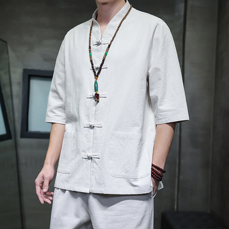 Set di 2 pezzi di tuta da uomo in cotone e lino con bottoni a rana, camicia e pantaloni con tasche, per meditazione, Buddha Stones