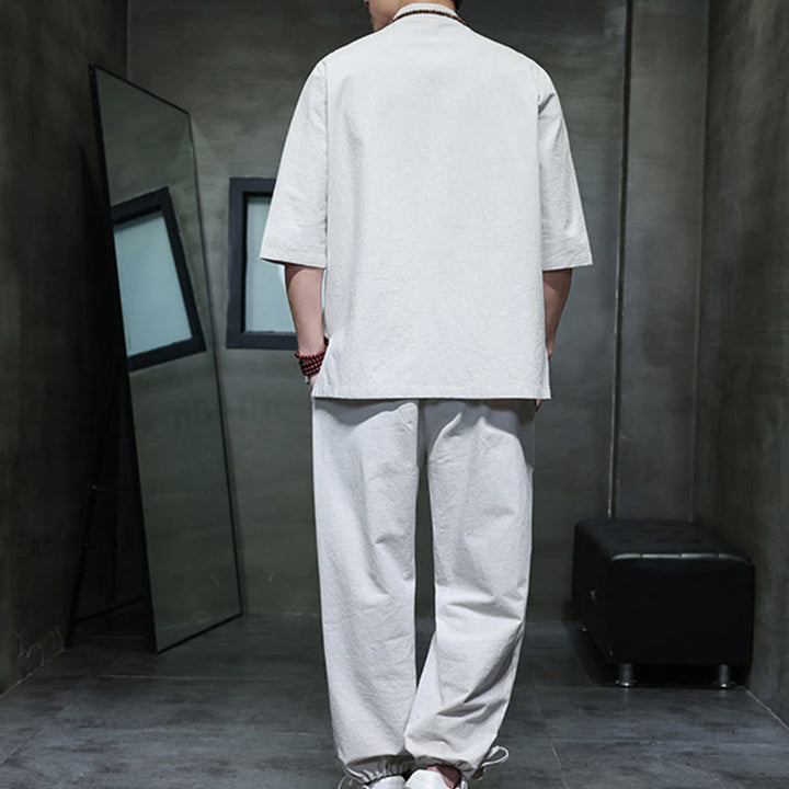 Set di 2 pezzi di tuta da uomo in cotone e lino con bottoni a rana, camicia e pantaloni con tasche, per meditazione, Buddha Stones